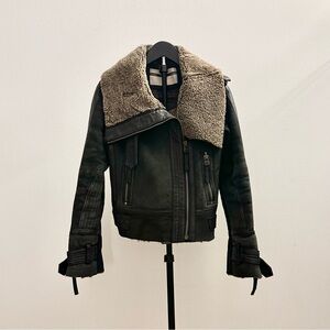 Vintage Topshop Sheepskin Shearling Leather Fur Black Biker Jacket Coat Size 2